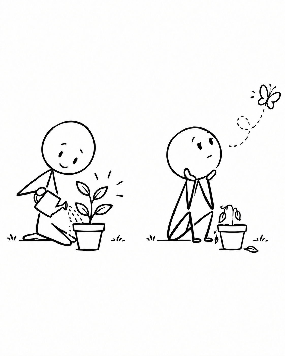 Dos personas: una cuida una planta y la otra se distrae mientras su planta se marchita