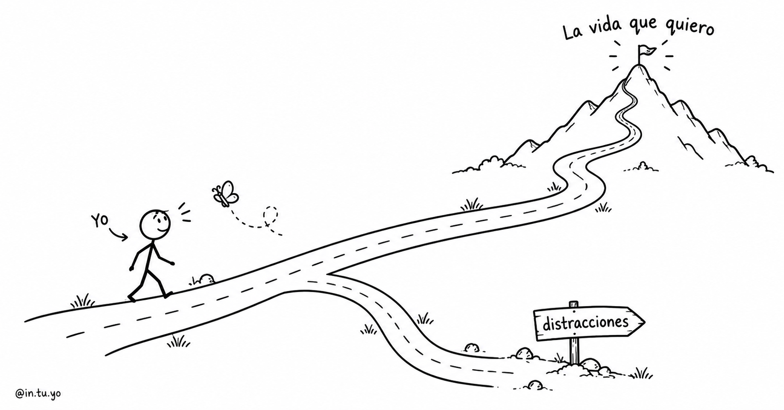 Ilustración de un camino hacia la vida elegida y un desvío hacia las distracciones